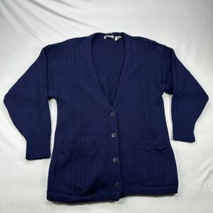 Ann Taylor Vintage Navy Blue Cable Knit Wool Cardigan Sweater L Pockets Button‎